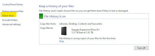 selecting drive for file history