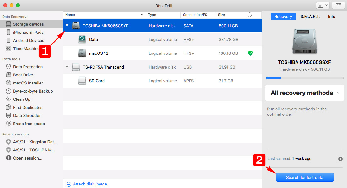 start scan with disk drill