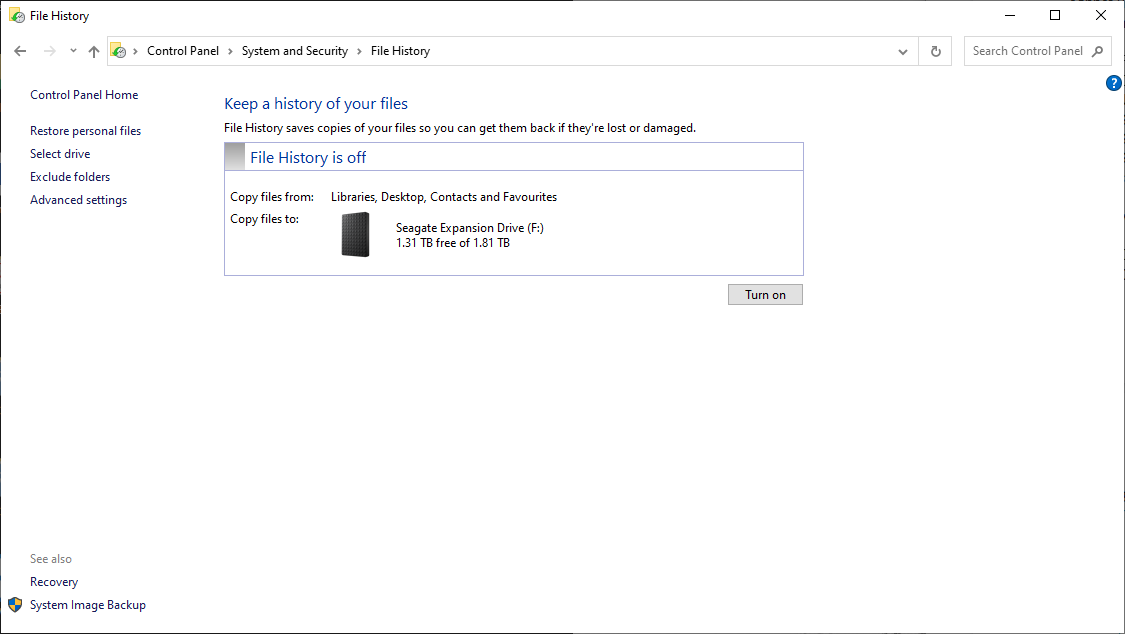 turning on file history