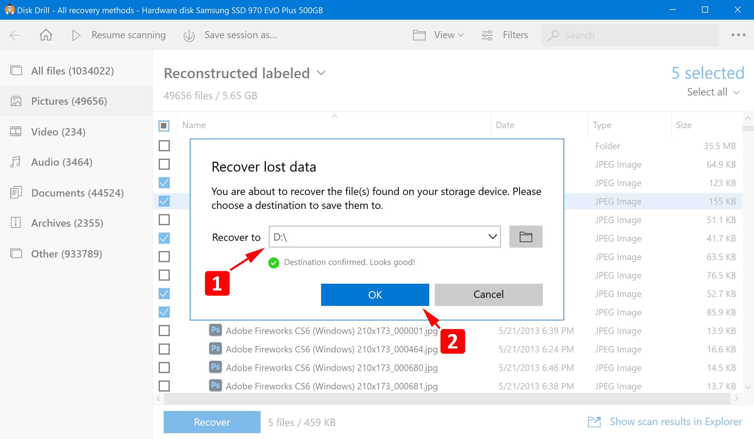 Click the Recover button and specify the recovery folder