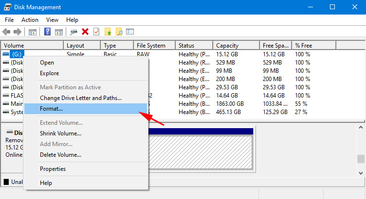 format RAW drive with disk manager