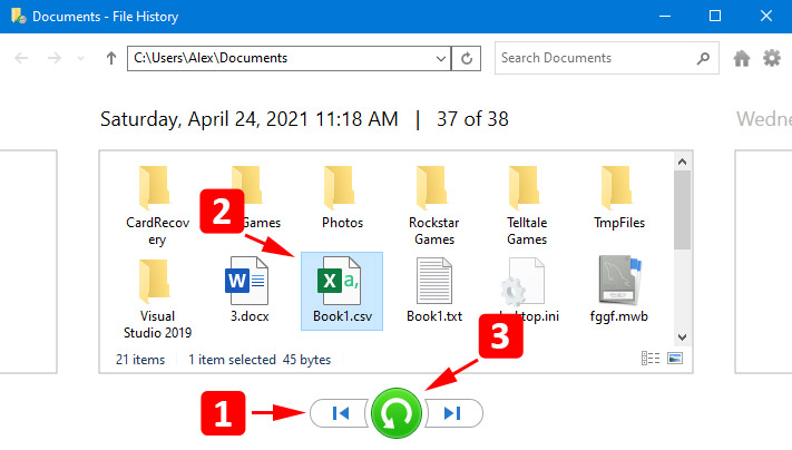 restore shift deleted file with file history