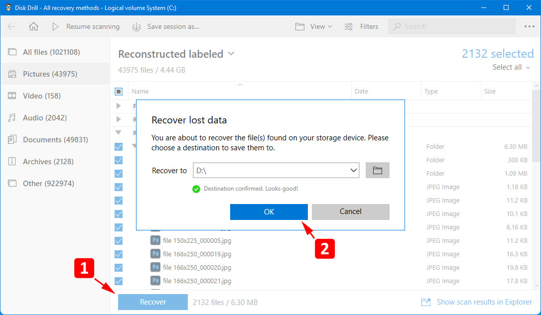 Selecting destination for saving recovered files