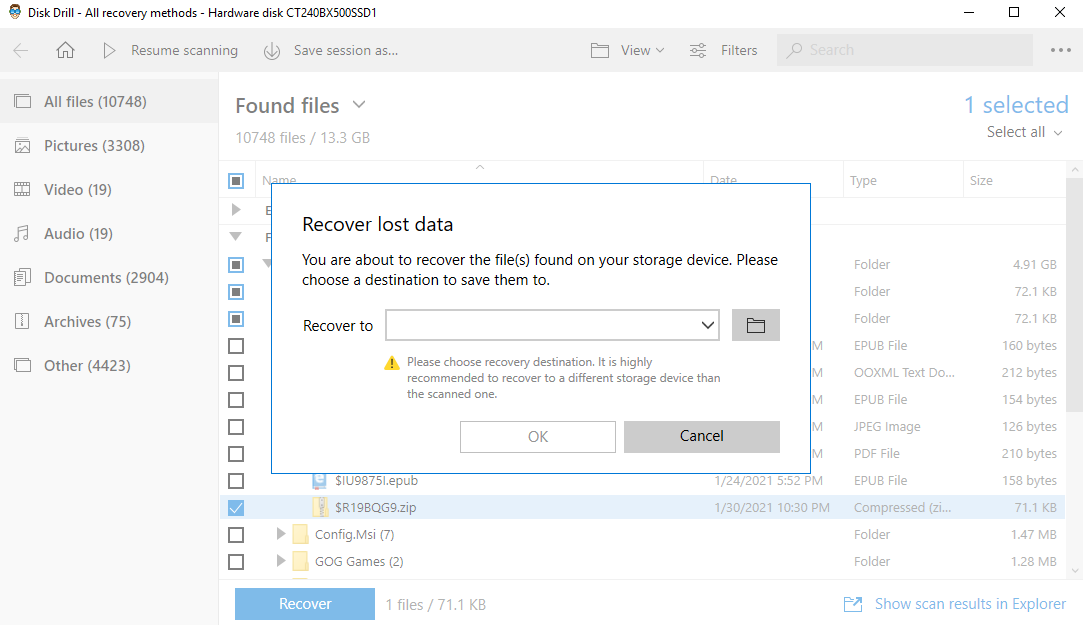 Disk Drill Recovery Destination