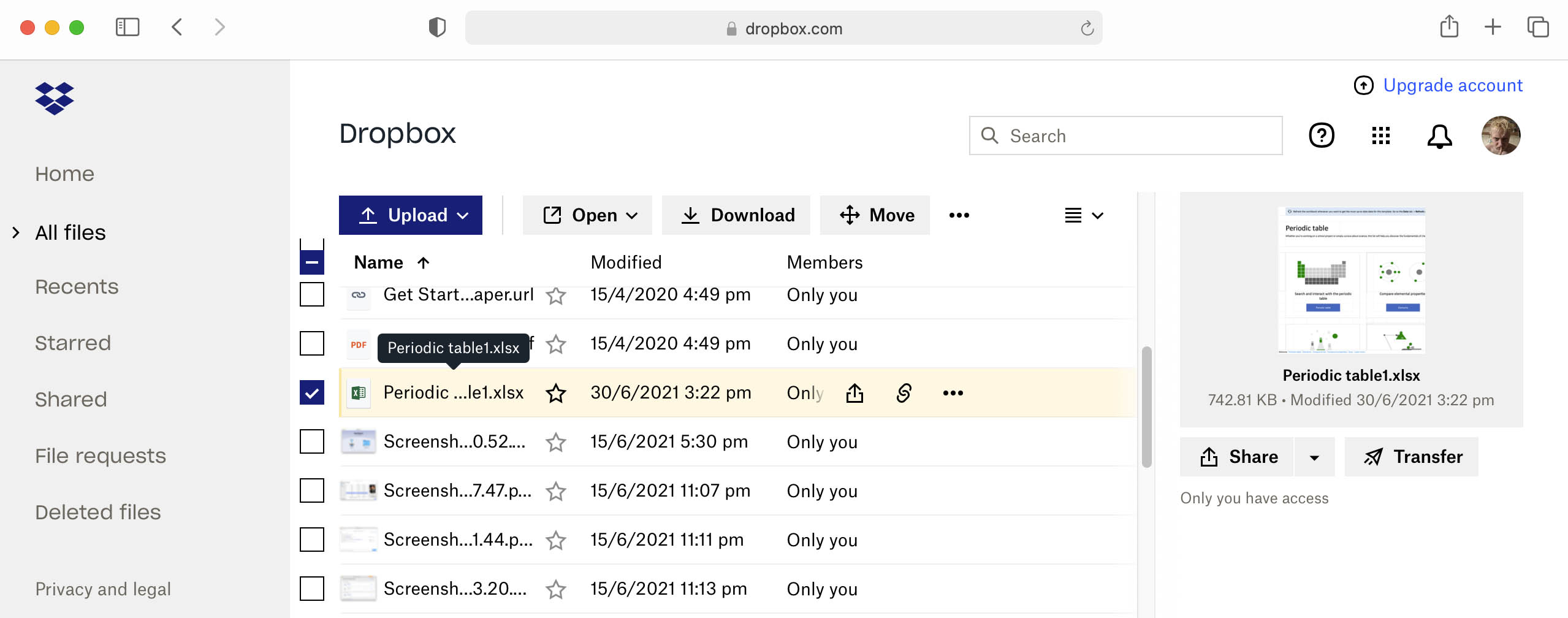 check dropbox for excel files