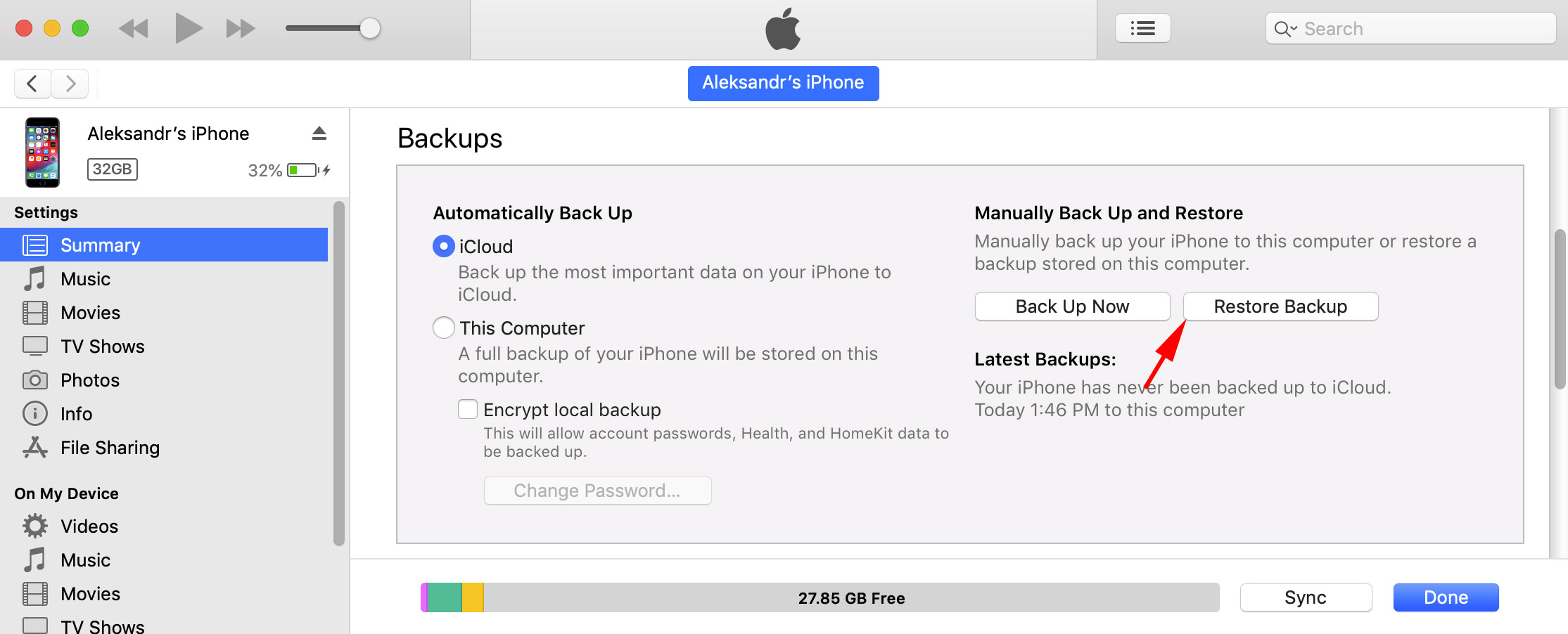 restore from backup from itunes