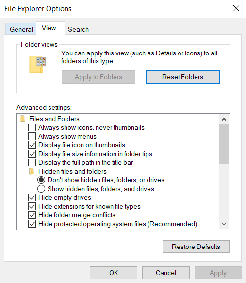 File Explorer Options View