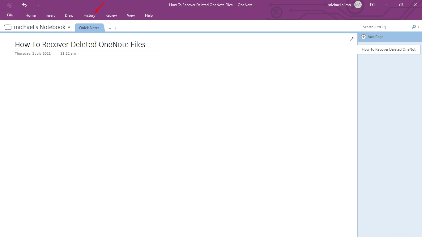 OneNote History Tab