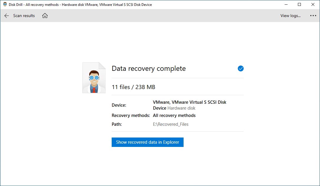 Disk Drill's recovery complete message, with shortcut to check recovered files