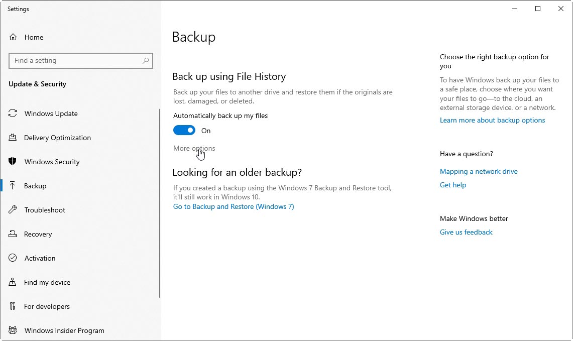 Main Windows 10 Backup Settings page