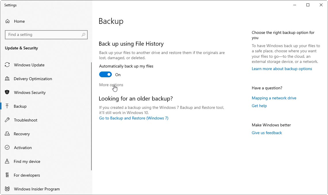 Main Windows 10 Backup Settings page
