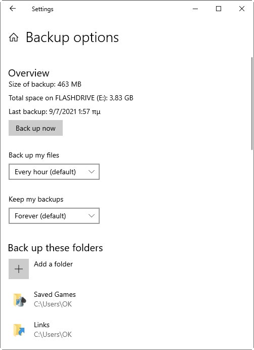 Backup Options, including choice of folders to backup.
