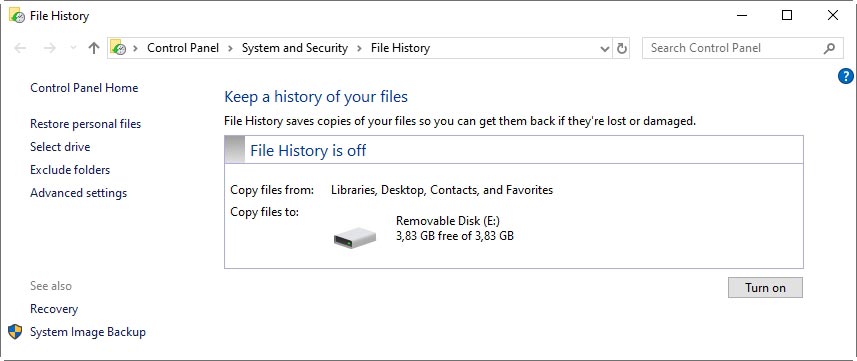 File History with selected storage device, but off