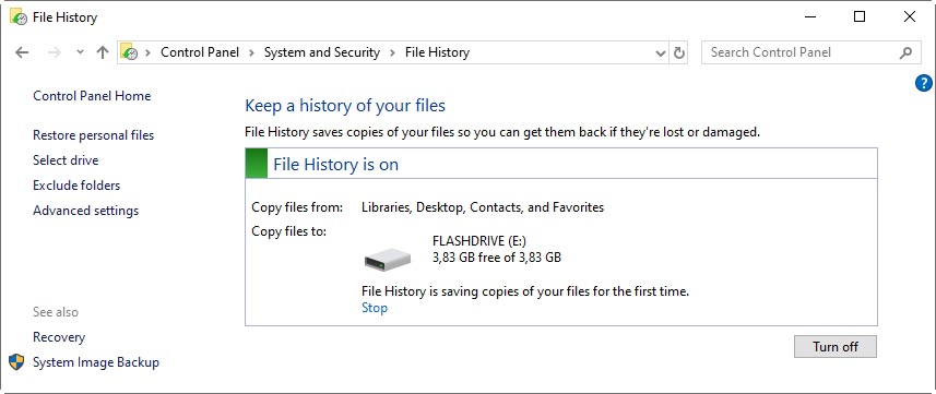 File History turned On and backing up files to storage device
