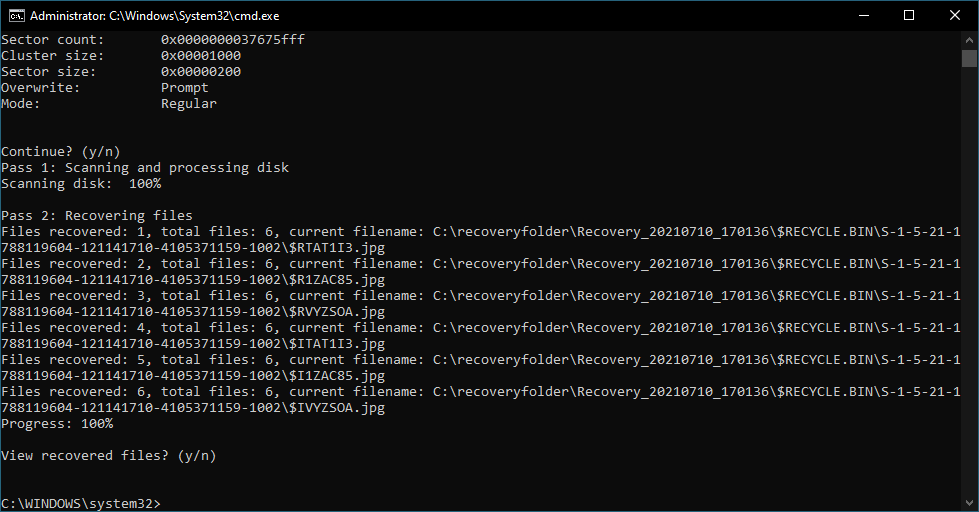 Running the first scan in Windows File Recovery.