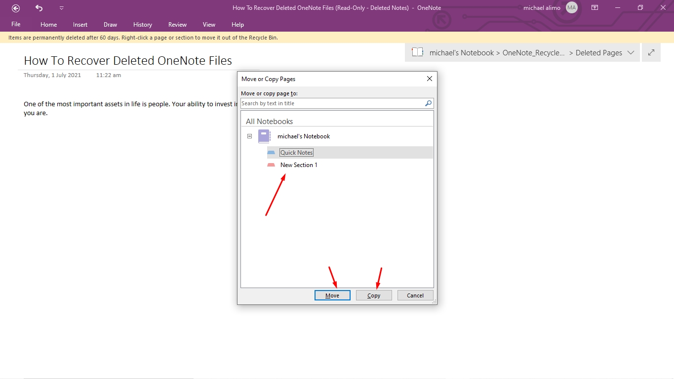 Select location for restoring deleted notes