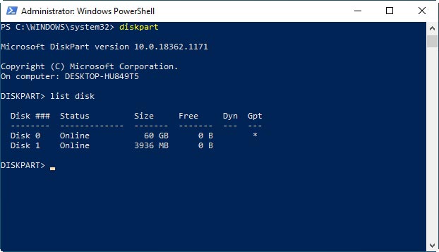 Use list disk command to pinpoint Flash Drive number.