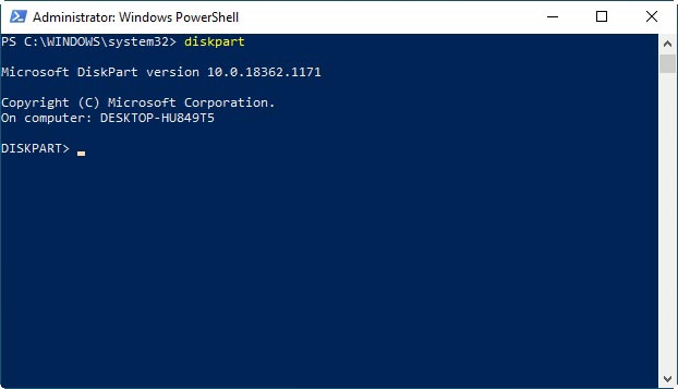 Running diskpart in elevated PowerShell