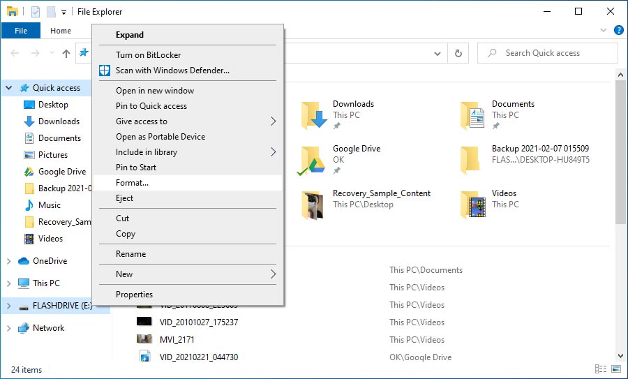 The quickest path to a Format is through Windows File Explorer