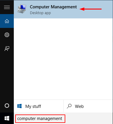 computer management in the start menu on Windows