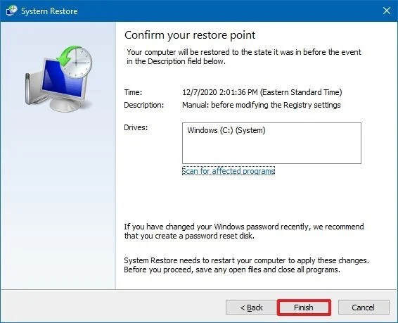 confirming restore point on windows