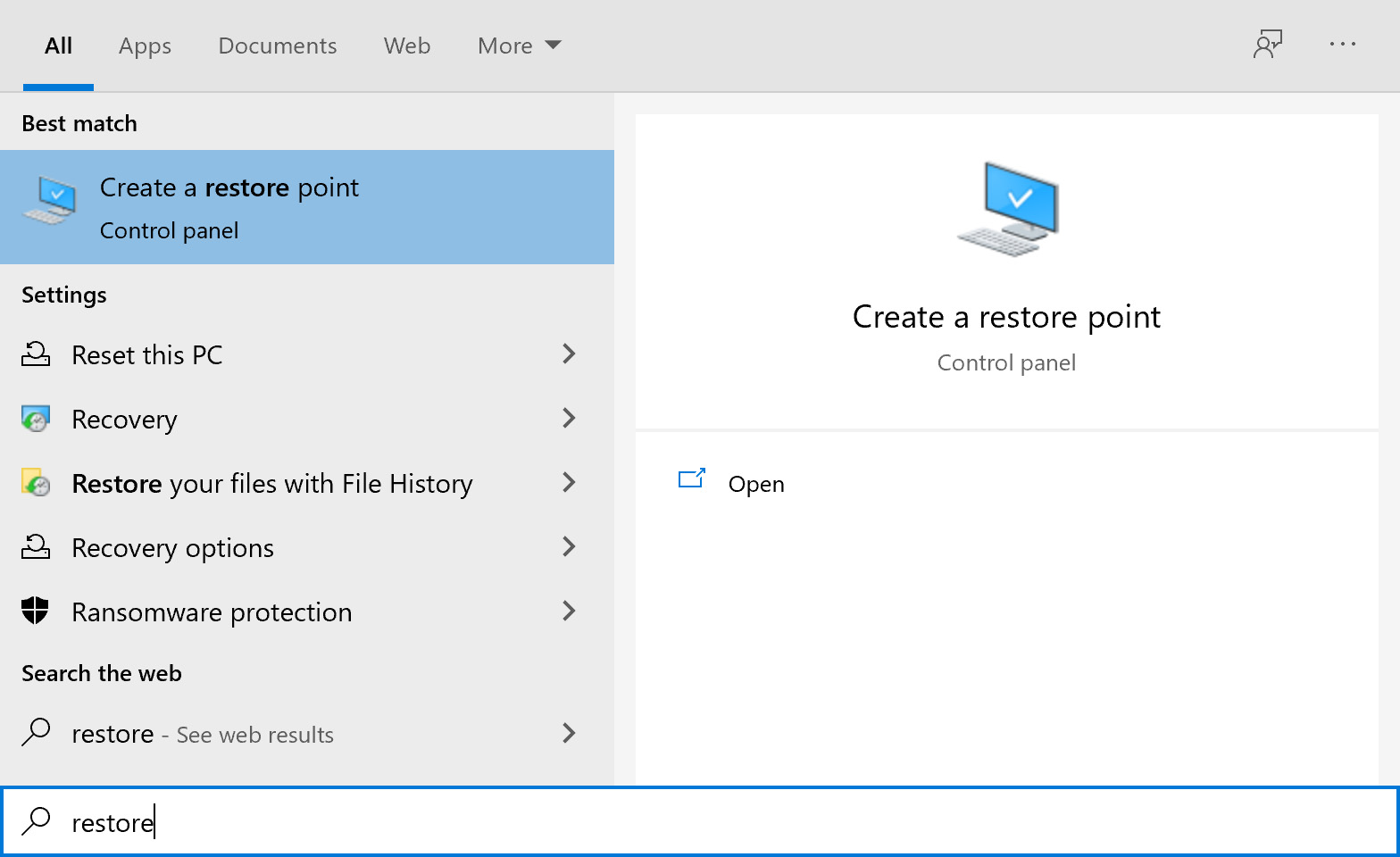 open create a restore point