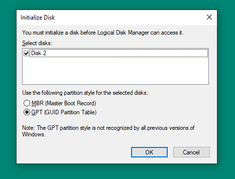 disk initialization dialog