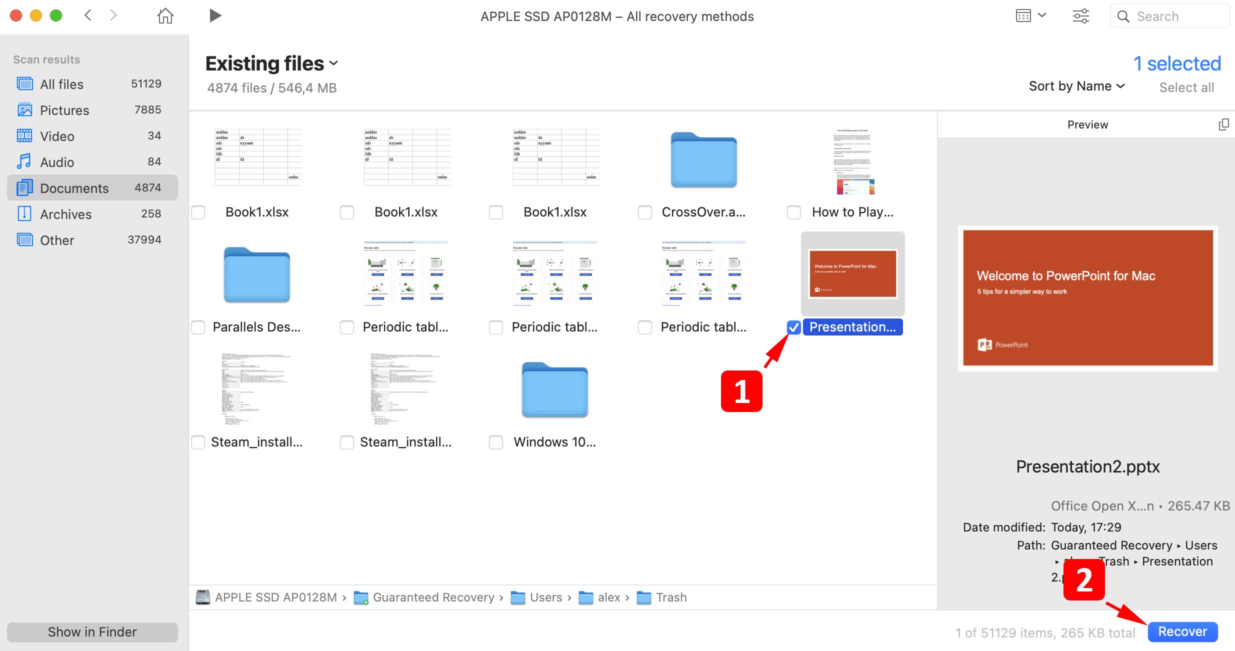 Select the deleted PowerPoint files you need to restore