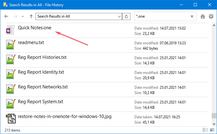 search onenote file in windows file history