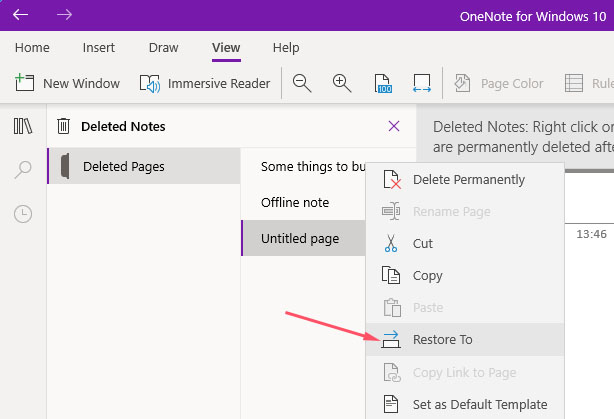Restore to Option in OneNote
