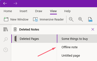 search deleted notes in onenote for windows 10