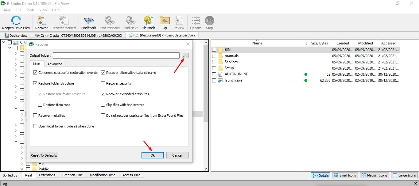 Choose Recovery location in R-Studio