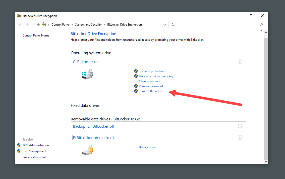 bitlocker turn off annotated