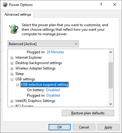 Disabling USB Selective Suspend.