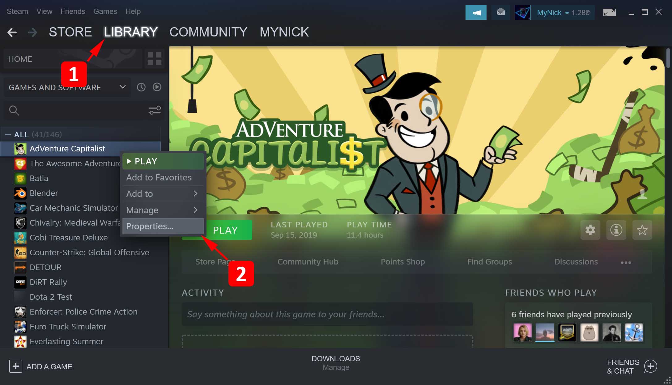 open steam app properties 