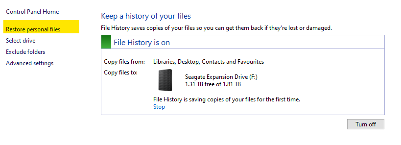 restore personal files in windows file history