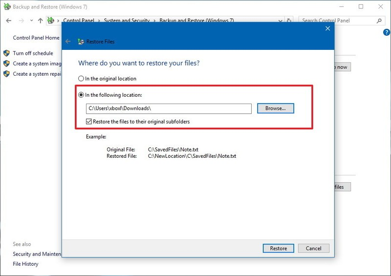 selecting destination for saving restored files