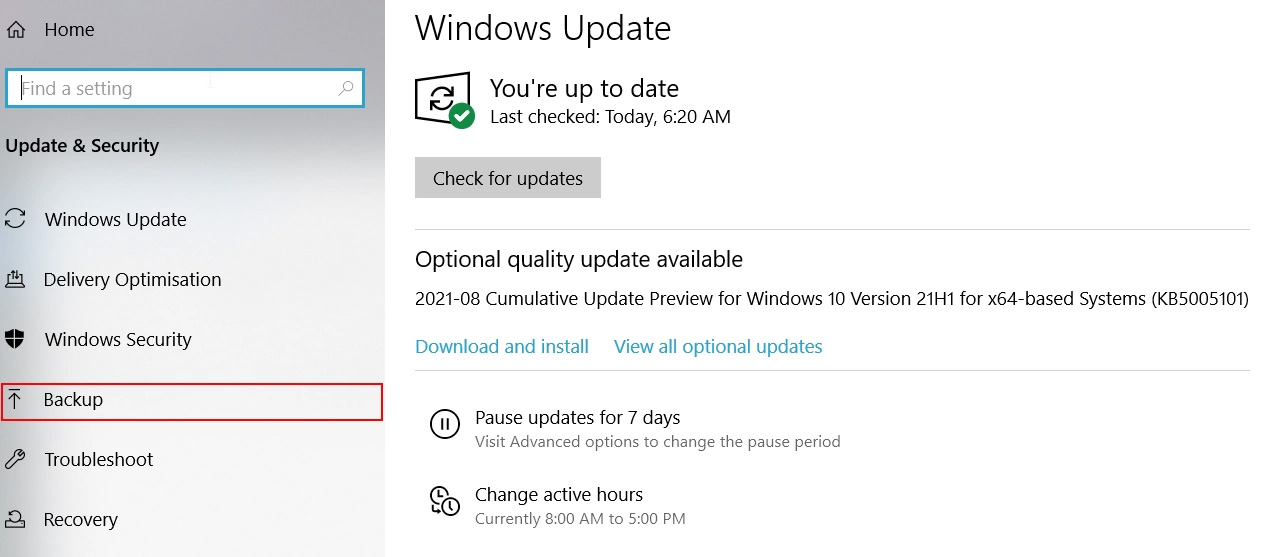 Windows Backup Settings