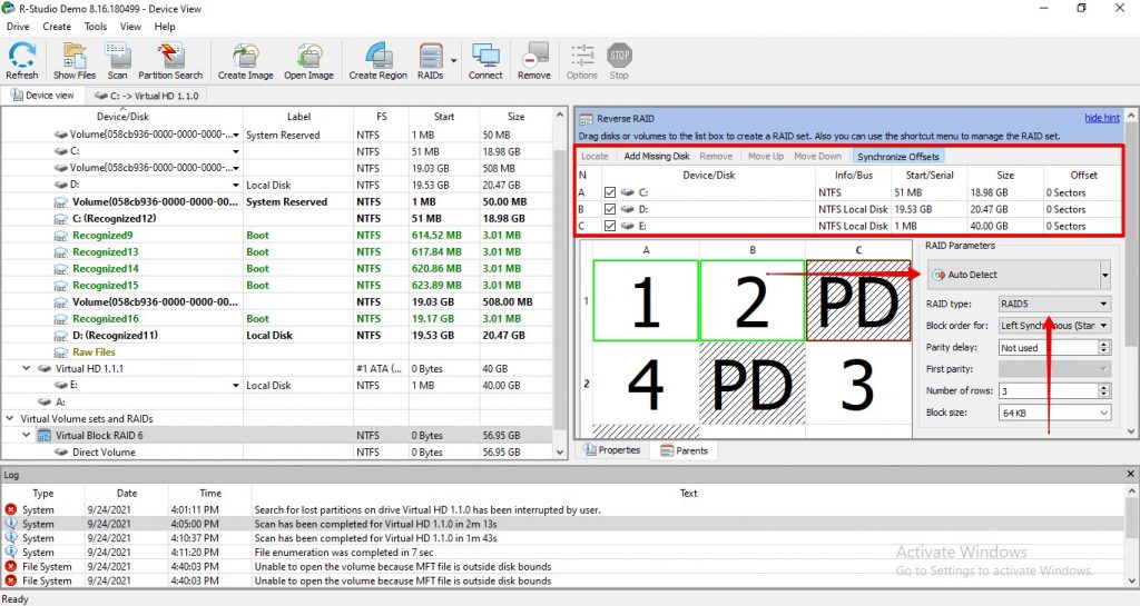 R-Studio automatically detecting the RAID parameters.