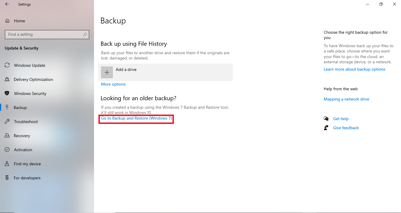 backup and restore option on Windows 10