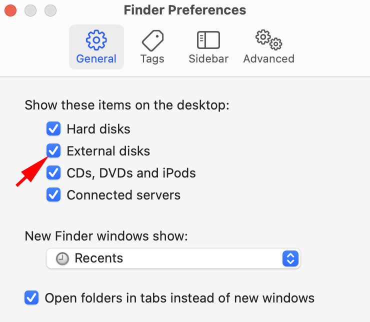 make sure the box next to external disks is checked