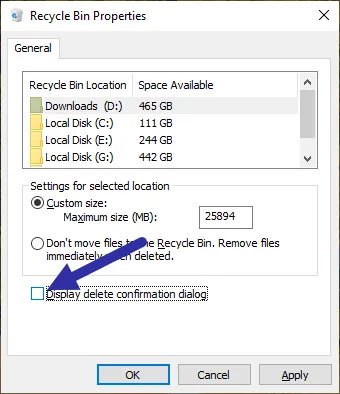 enable delete confirmation in recycle bin