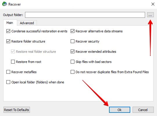 Specifying where to output recovered files.