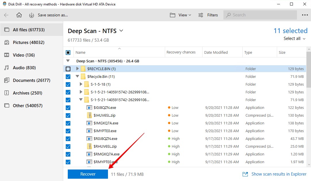 Recovering the selected files.