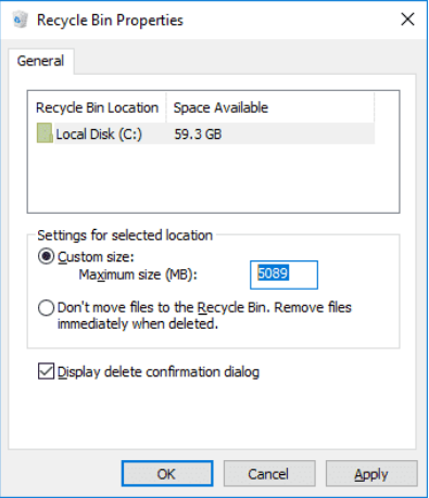 changing properties in recycle bin