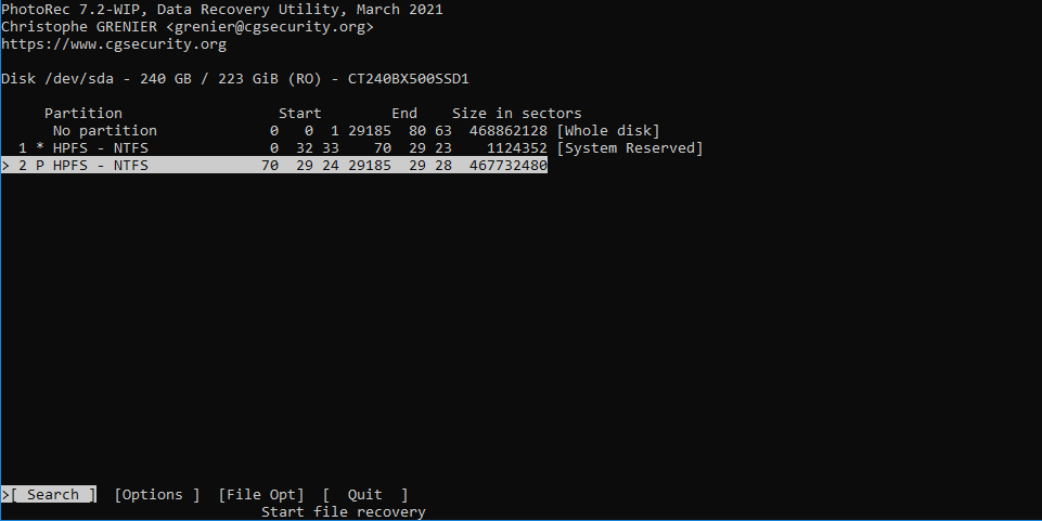 Photorec Select Partition