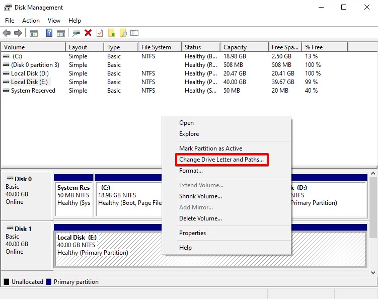 Selecting 'Change Drive Letter and Paths'