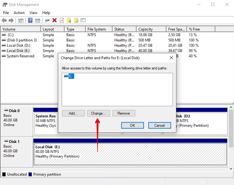 Selecting the existing drive letter.