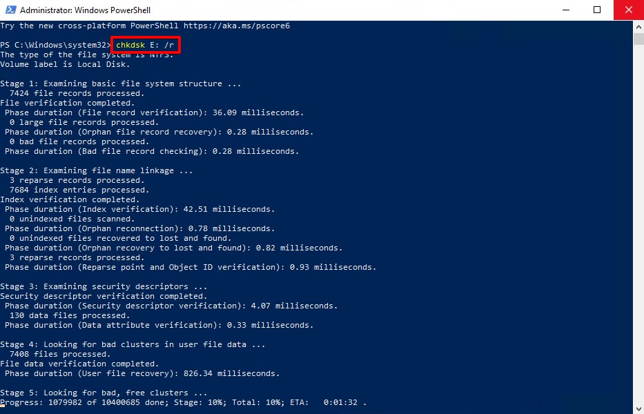 Running CheckDisk in PowerShell.