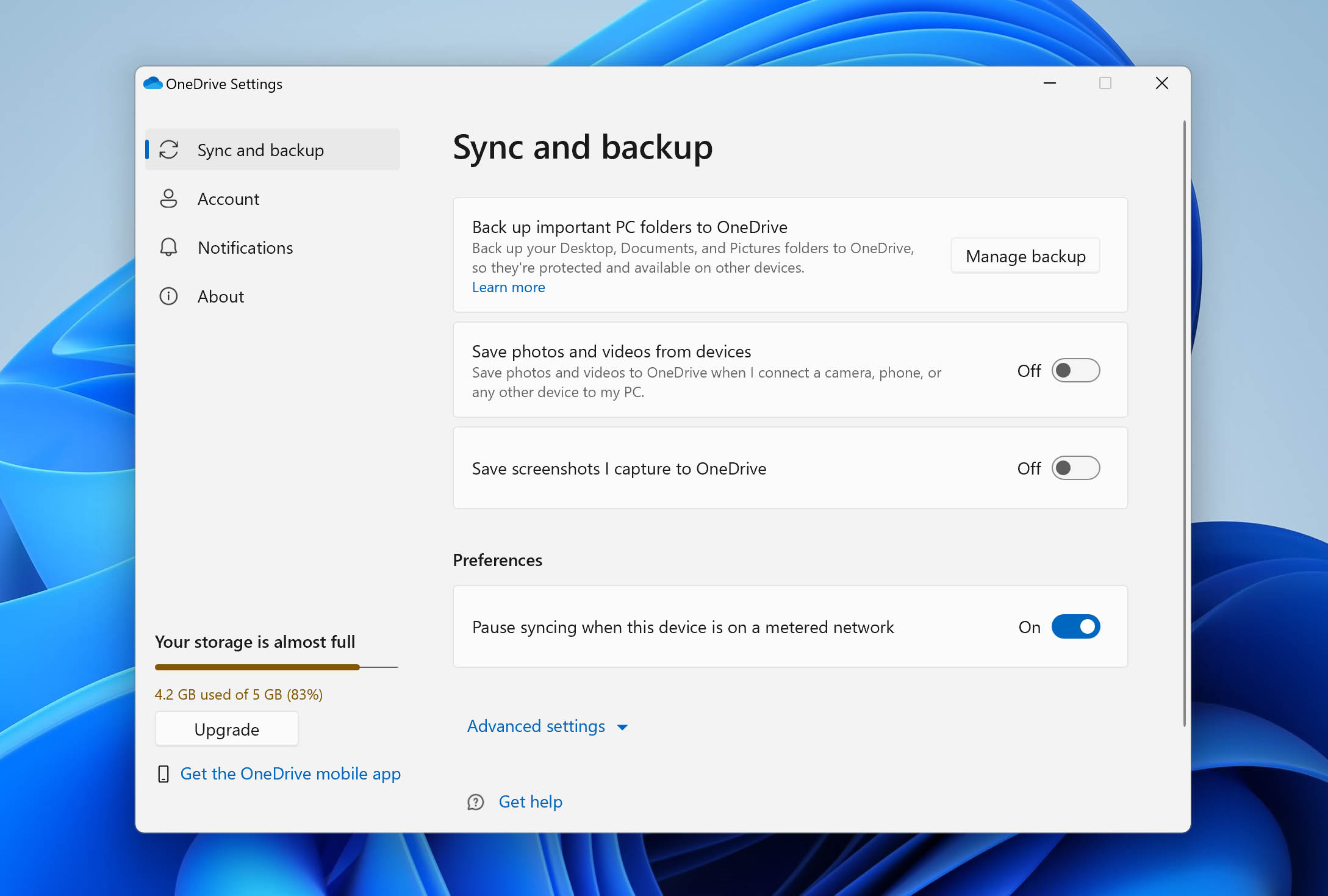 select manage backup in onedrive settings